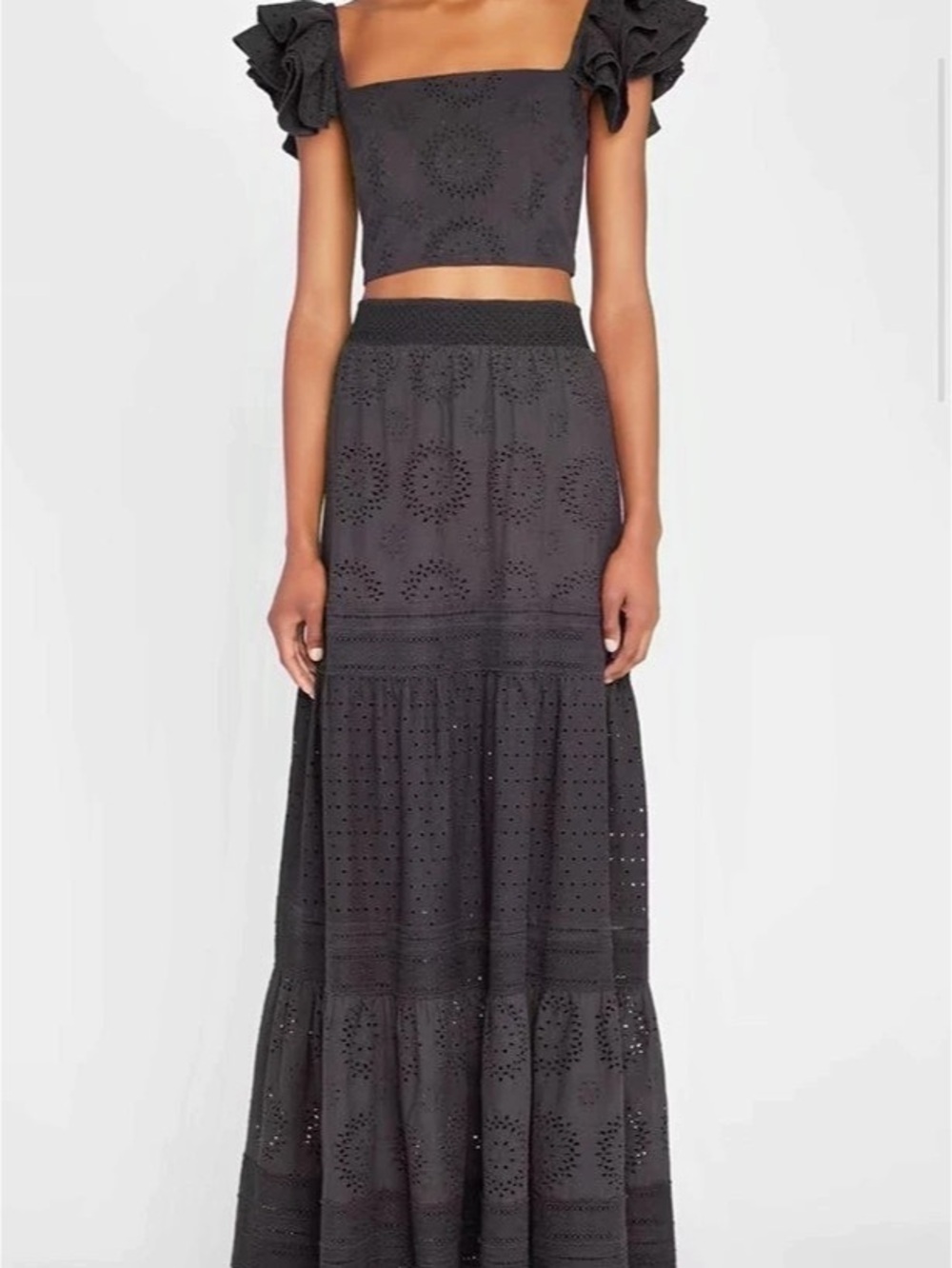 Alice + Olivia Reise Tiered Eyelet Maxi Skirt Black